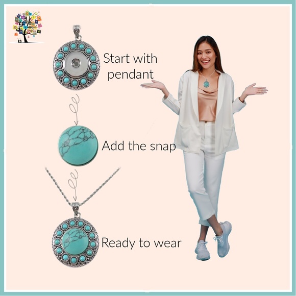 Snap Charm Pendant Necklace with Stainless Steel Chain and Turquoise Snap - Picture 7 of 8